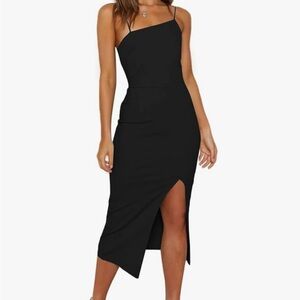 LYANER Women's Spaghetti Straps Split Hem Sleeveless Zipper Bodycon Midi Dress